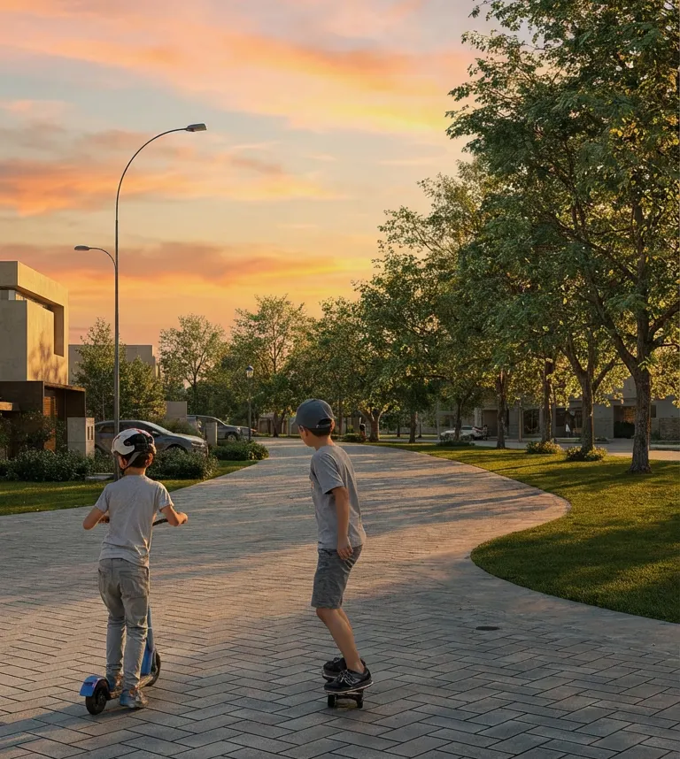 Dos niños en monopatín y scooter por una calle residencial al atardecer