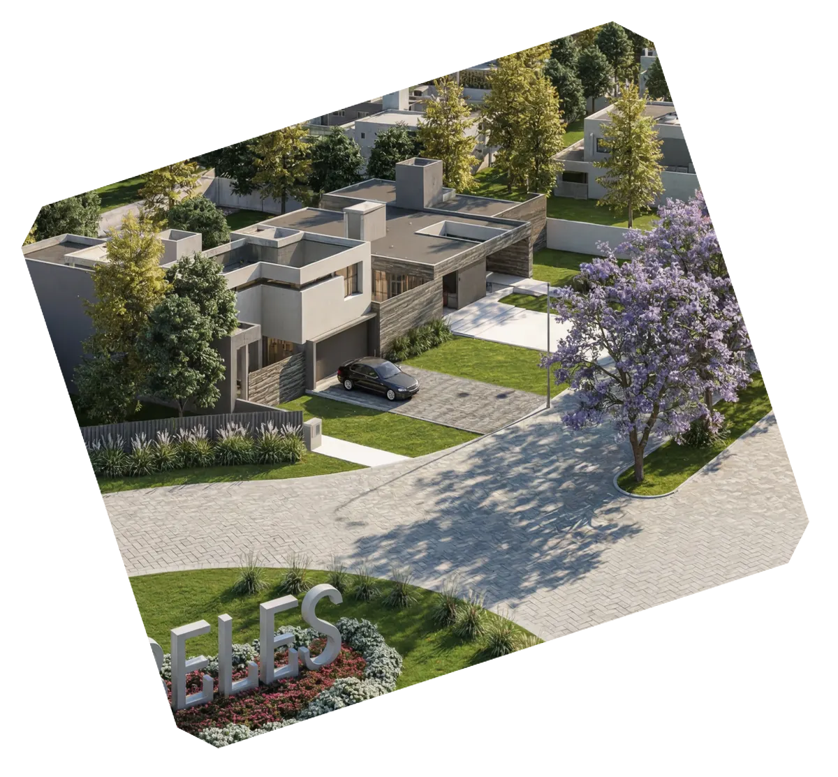 Render aéreo del ingreso al barrio Nobeles, con su cartel y jacarandás florecido