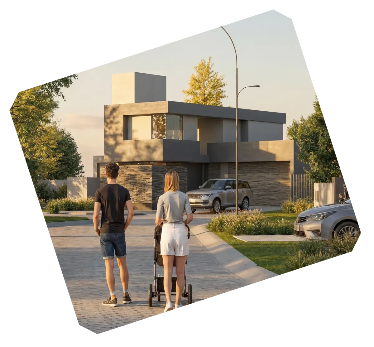 Vecinos caminando por una calle del barrio frente a una vivienda