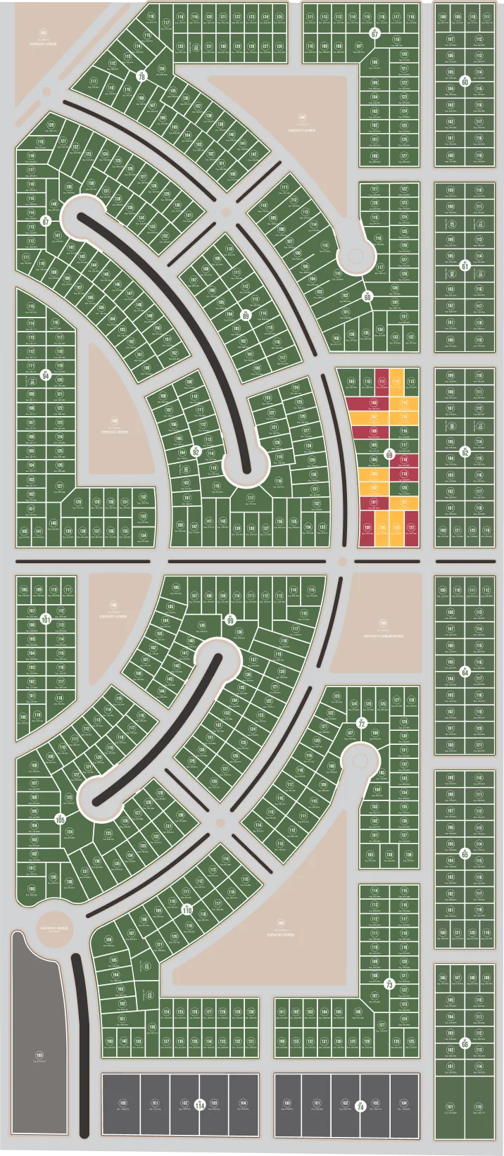 Masterplan del barrio Nobeles con la disponibilidad de cada lote: verde disponible, naranja reservado, rojo vendido